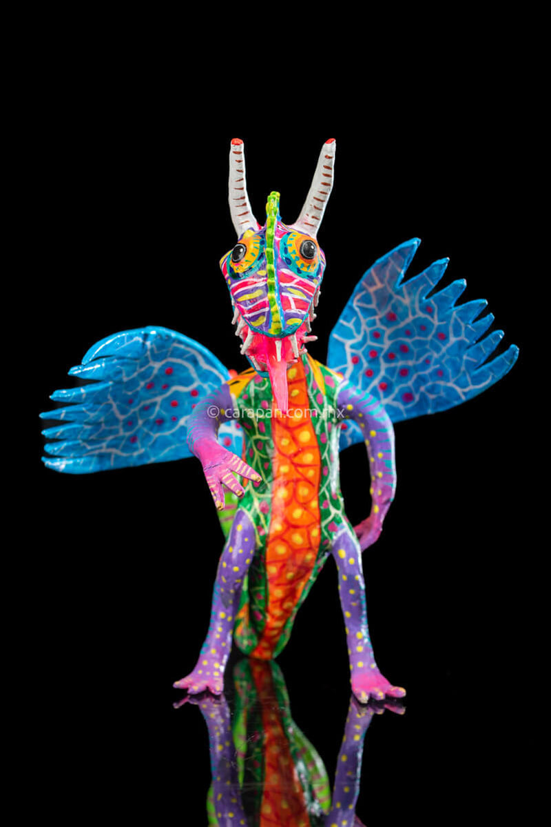 Paper Mache Alebrije with Blue Wings. Mexican Dragon.