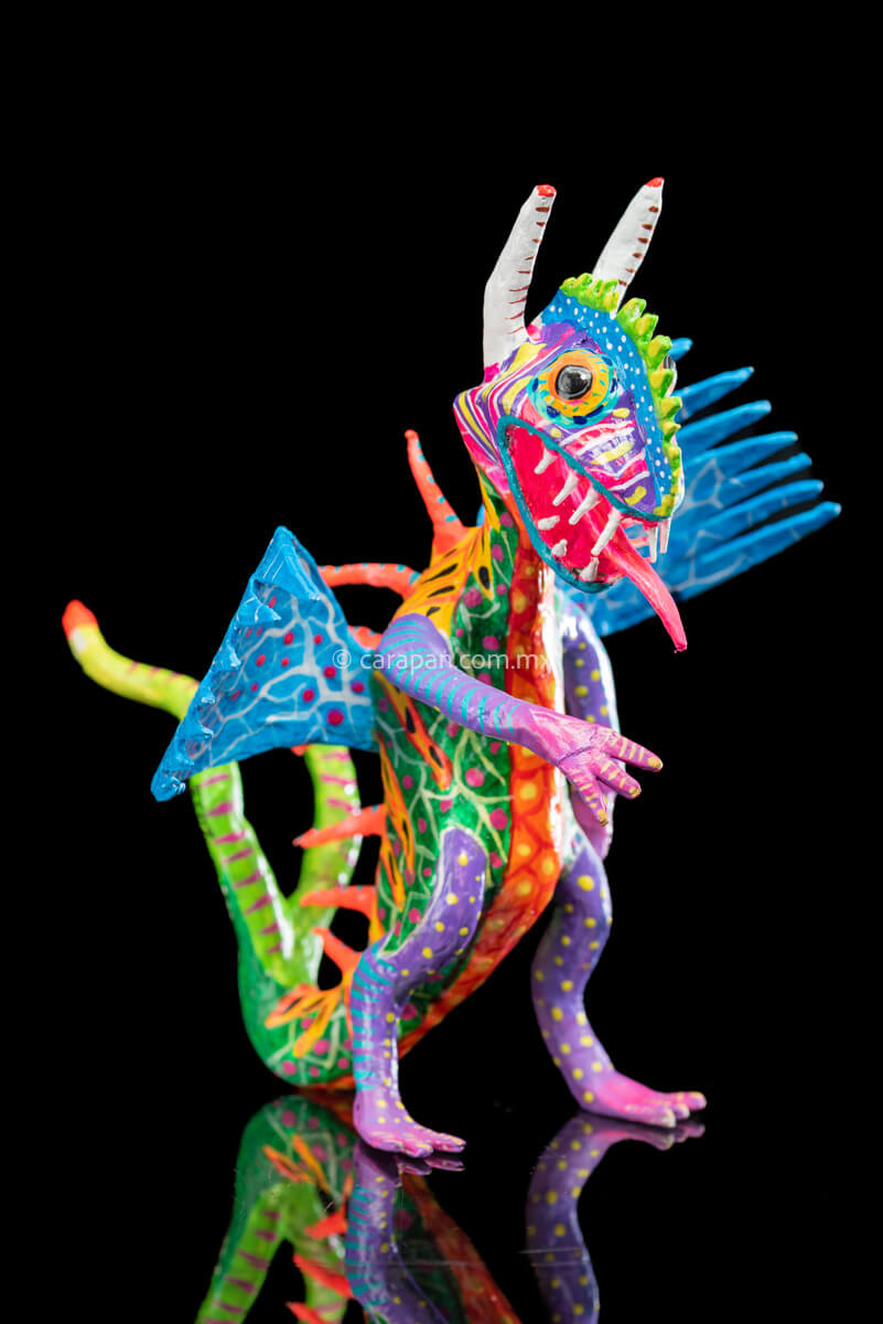 Paper Mache Alebrije with Blue Wings. Mexican Dragon.