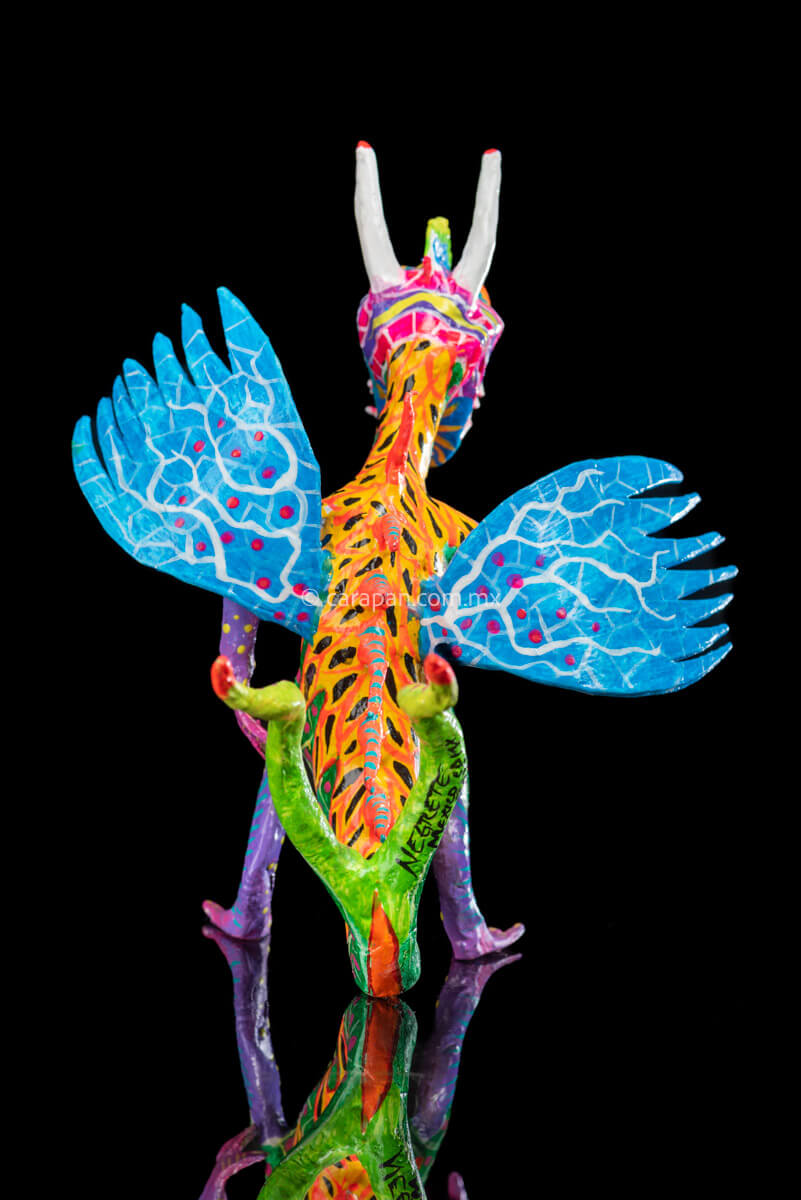 Paper Mache Alebrije with Blue Wings. Mexican Dragon.