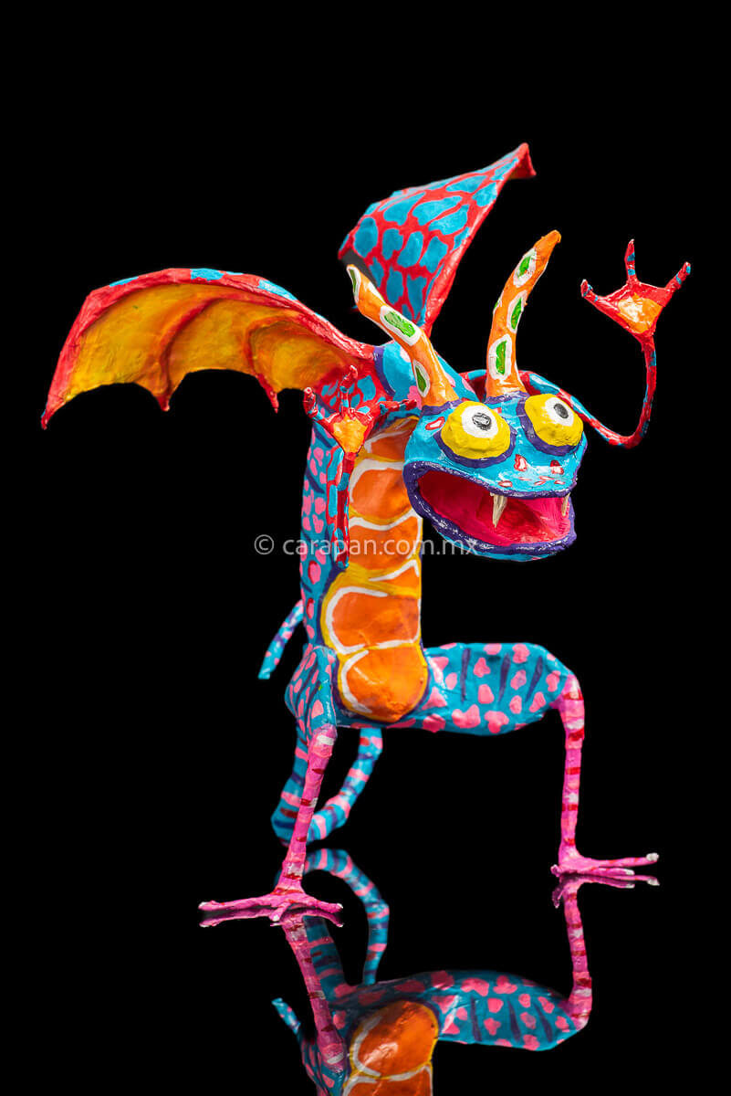 Paper Mache Alebrije dragon style blue body & orange wings