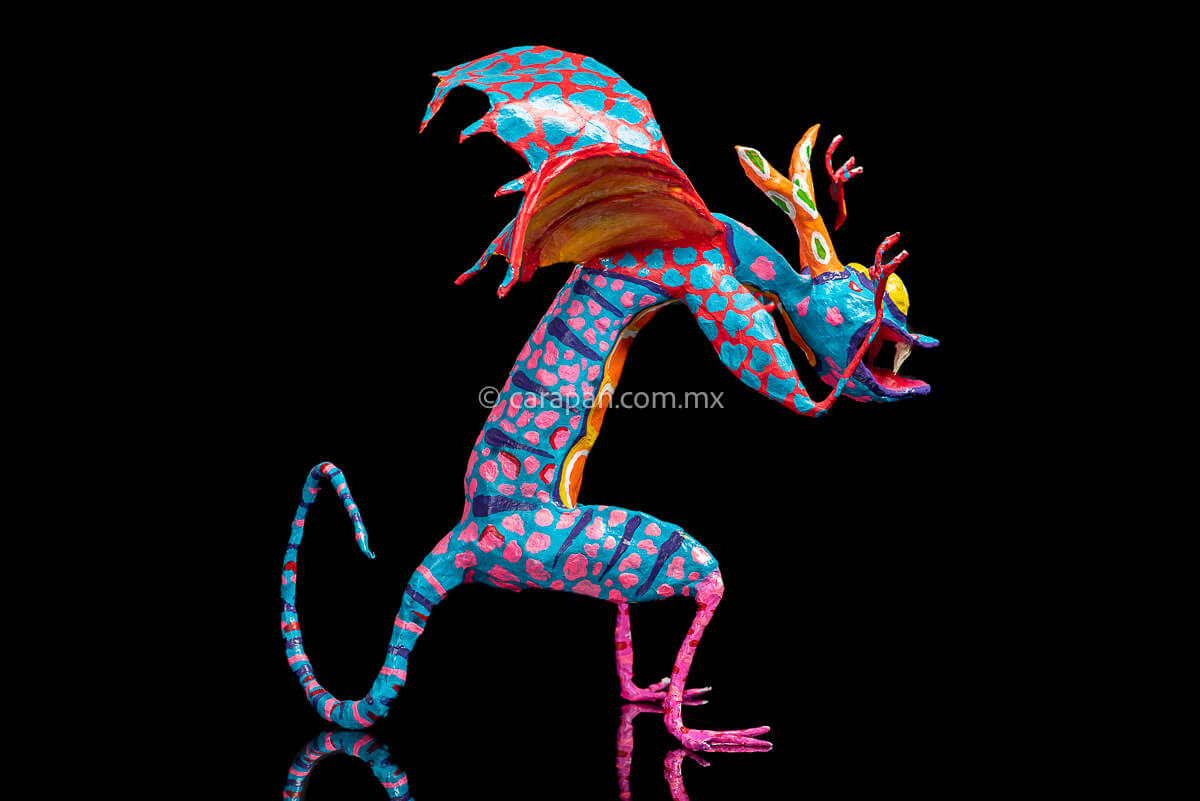 Paper Mache Alebrije dragon style blue body & orange wings side