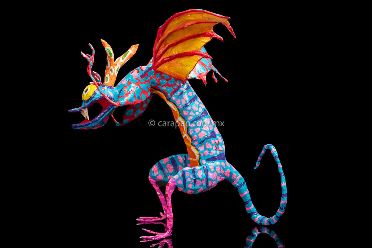 Paper Mache Alebrije dragon style blue body & orange wings side 2