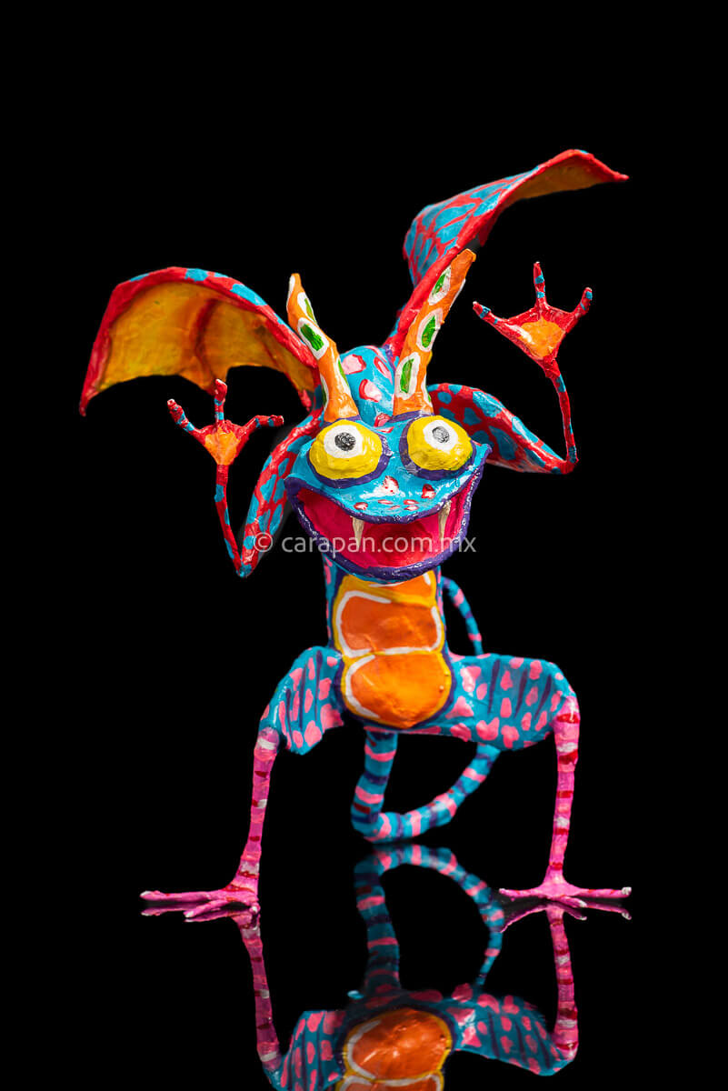 Paper Mache Alebrije dragon style blue body & orange wings front