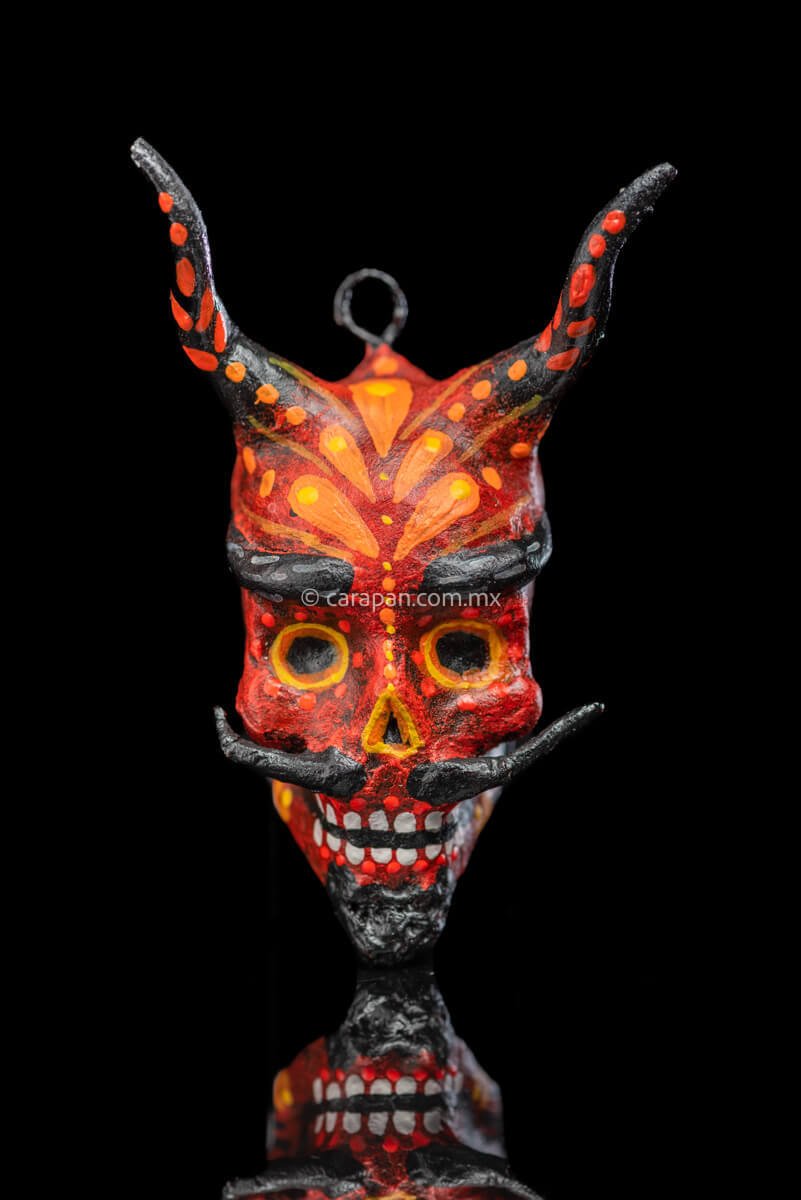 Paper Mache Smiling Devil with Moustache Painted in Red with orange strokes