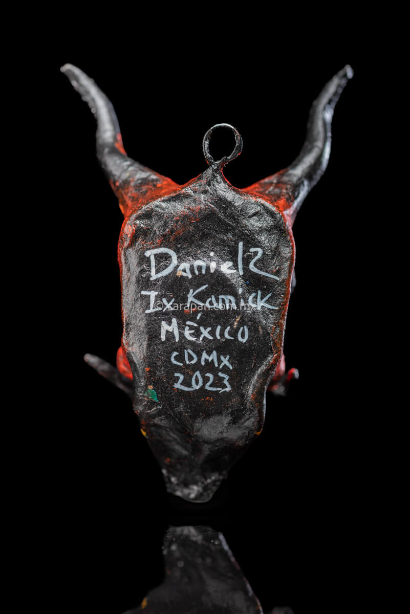 Paper Mache Smiling Devil with Moustache Painted in Red with orange strokes  Signtature