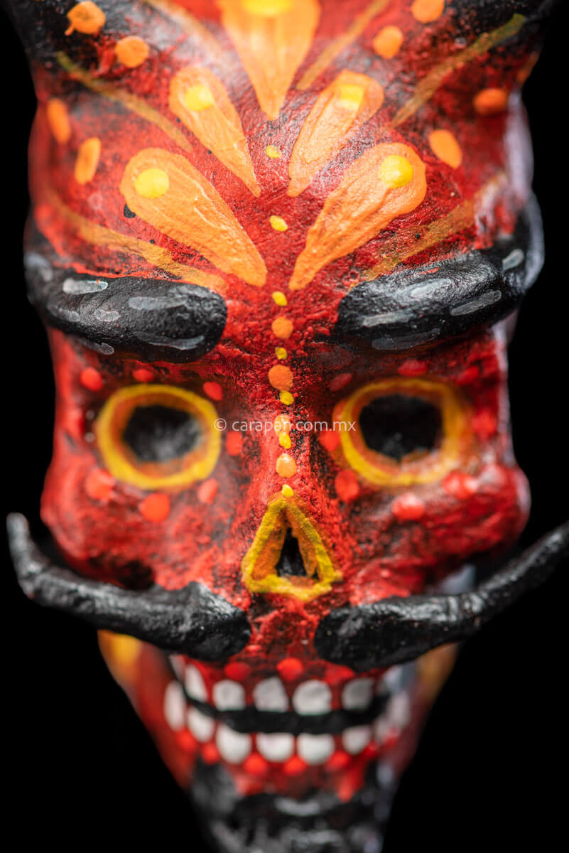 Paper Mache Smiling Devil with Moustache Painted in Red with orange strokes