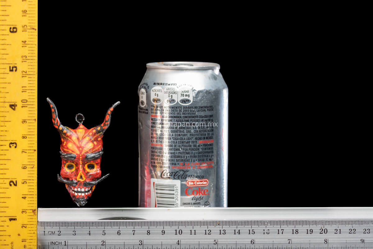 Paper Mache Smiling Devil with Moustache Painted in Red with orange strokes Rulers