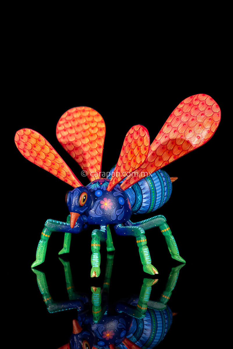 Wasp Alebrije Wooden Sculpture handcrafted in Oaxaca hand painted blue body & Orange detachable wings  