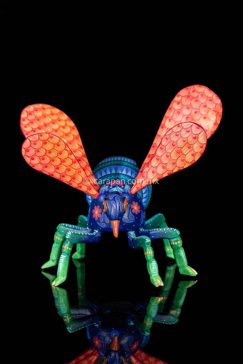 Wasp Alebrije Wooden Sculpture handcrafted in Oaxaca hand painted blue body & Orange detachable wings