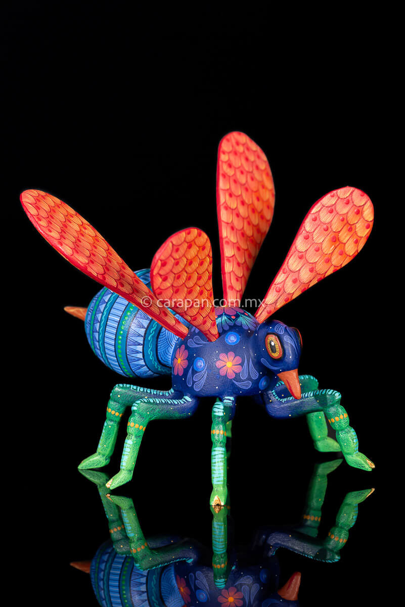 Wasp Alebrije Wooden Sculpture handcrafted in Oaxaca hand painted blue body & Orange detachable wings