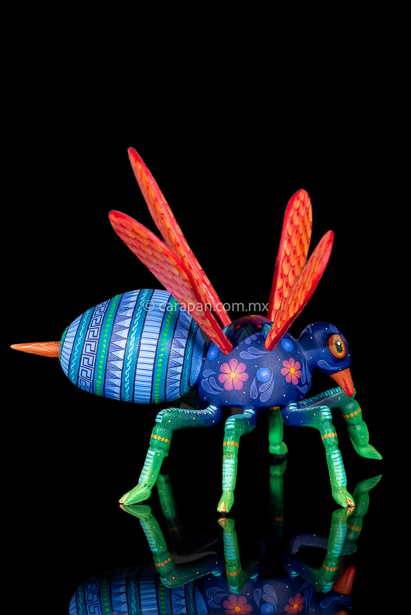Wasp Alebrije Wooden Sculpture handcrafted in Oaxaca hand painted blue body & Orange detachable wings