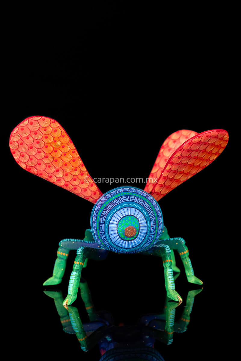 Wasp Alebrije Wooden Sculpture handcrafted in Oaxaca hand painted blue body & Orange detachable wings