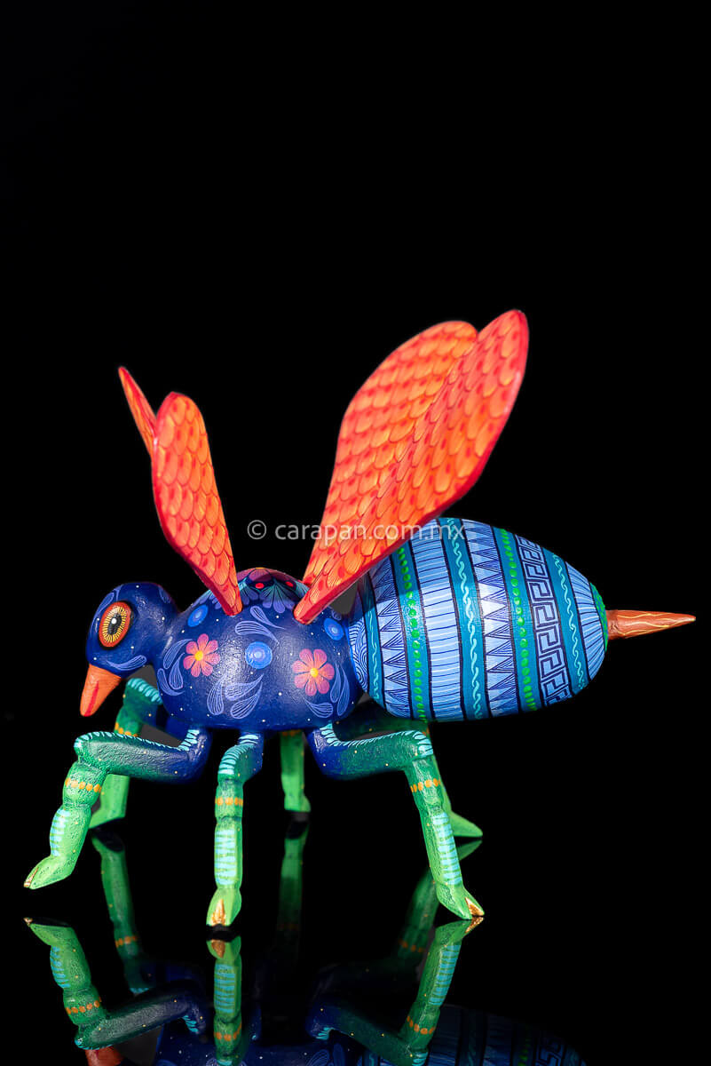 Wasp Alebrije Wooden Sculpture handcrafted in Oaxaca hand painted blue body & Orange detachable wings