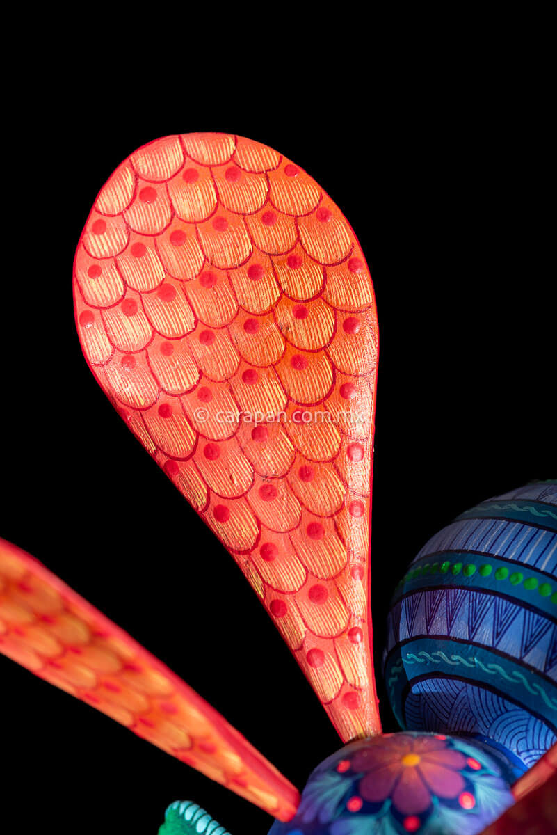 Wing og Wasp Alebrije Wooden Sculpture handcrafted in Oaxaca hand painted blue body & Orange detachable wings