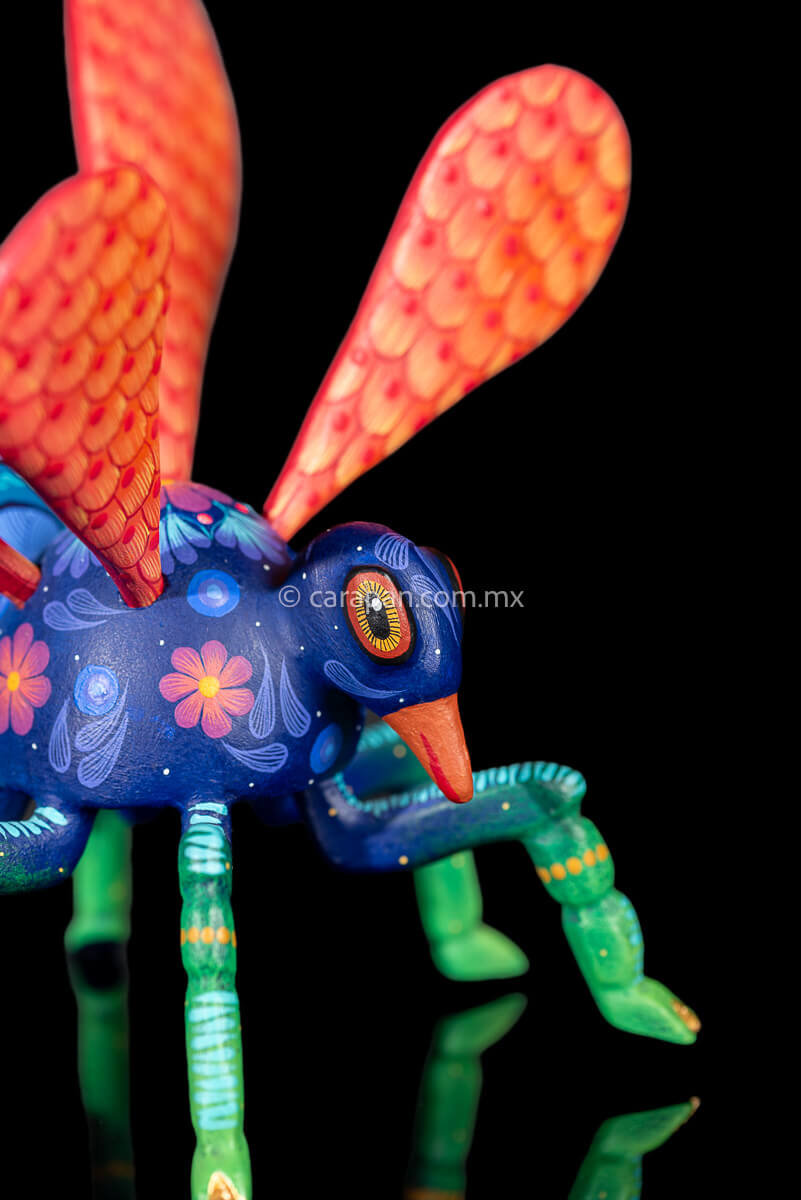Head of Wasp Alebrije Wooden Sculpture handcrafted in Oaxaca hand painted blue body & Orange detachable wings