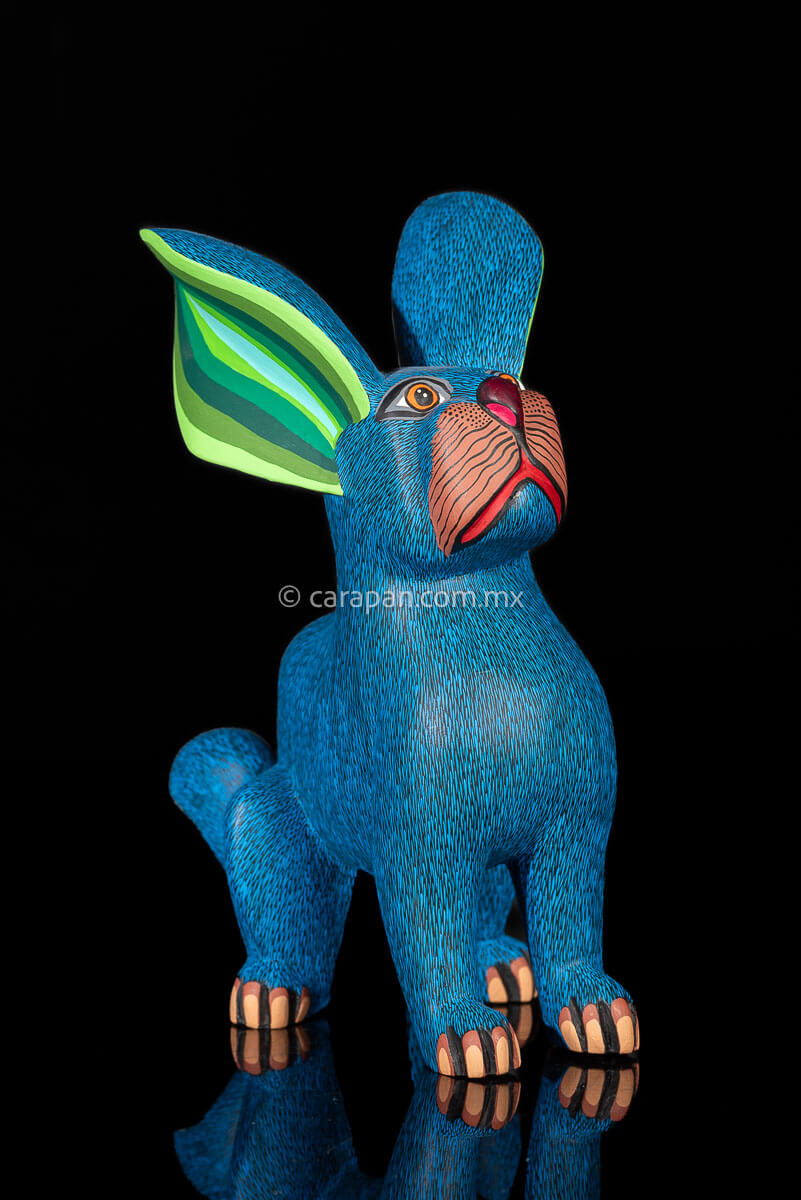 Blue and green tones Oaxacan Copal Wood Carving Rabbit Dog Alebrije Hand made Mexican Folk Art