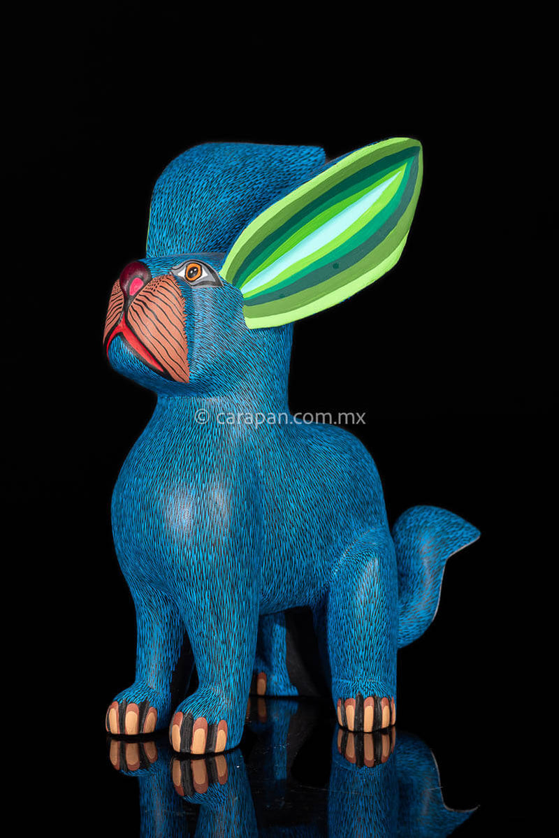 Blue and green tones Oaxacan Copal Wood Carving Rabbit Dog Alebrije Hand made Mexican Folk Art