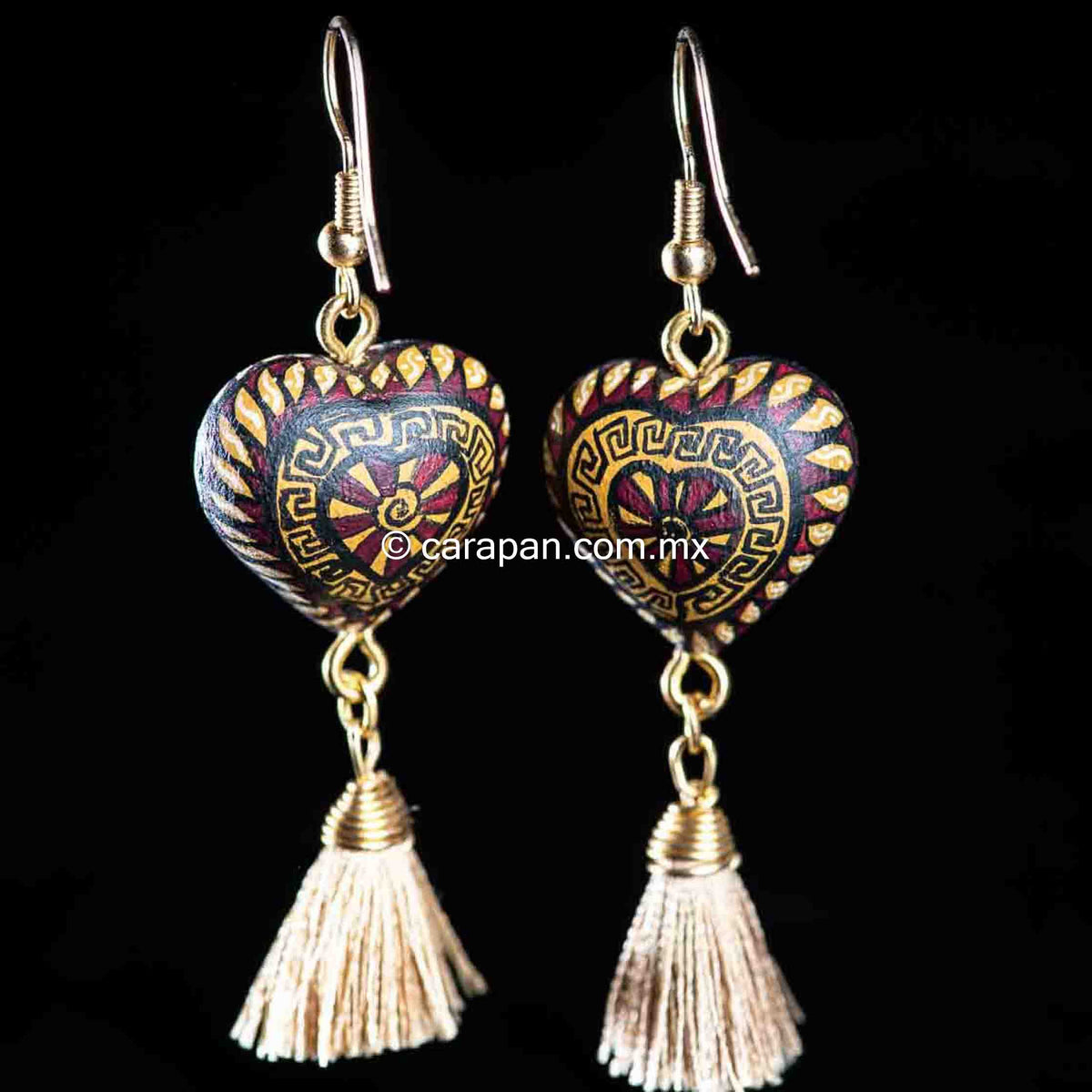 Mexican Earrings Alebrije Style Heart Shaped, Gold & Red