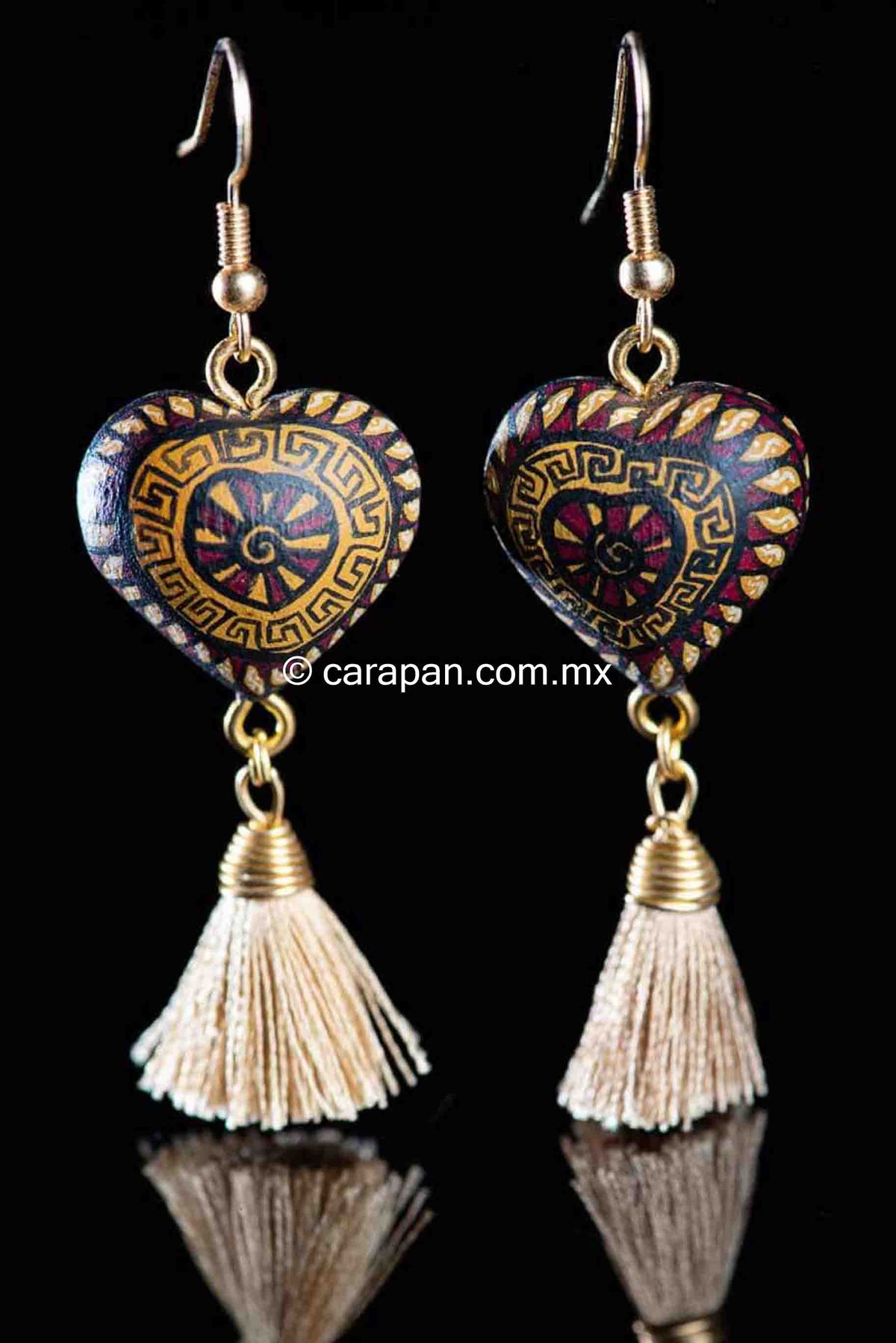 Mexican Earrings Alebrije Style Heart Shaped, Gold & Red