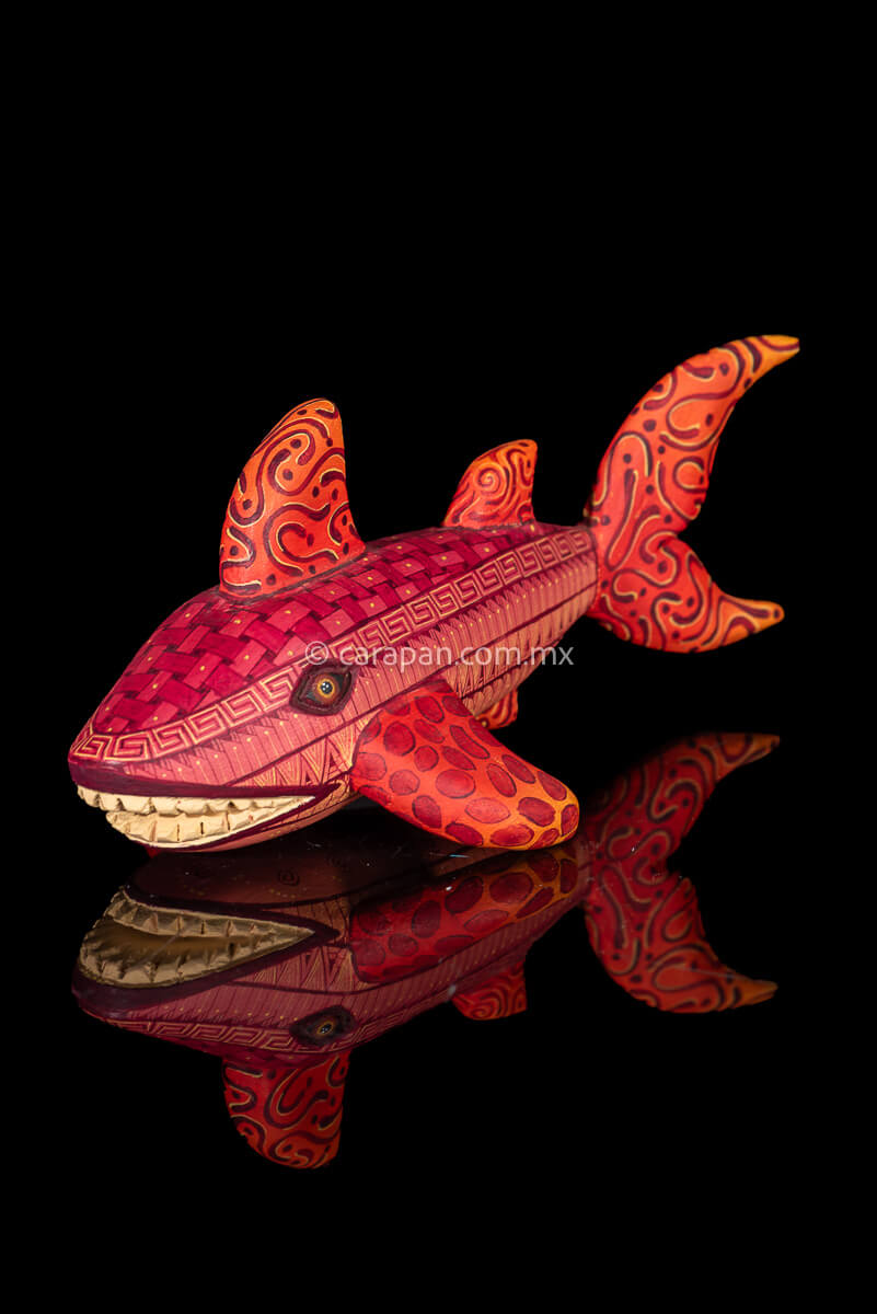 Pink and orange tones Oaxacan Wood Carving Shark Alebrije