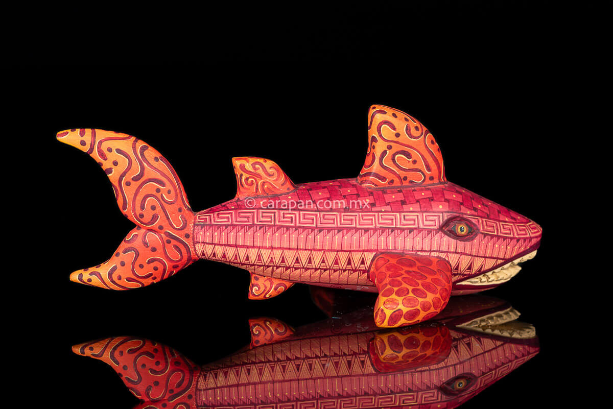 Pink and orange tones Oaxacan Wood Carving Shark Alebrije