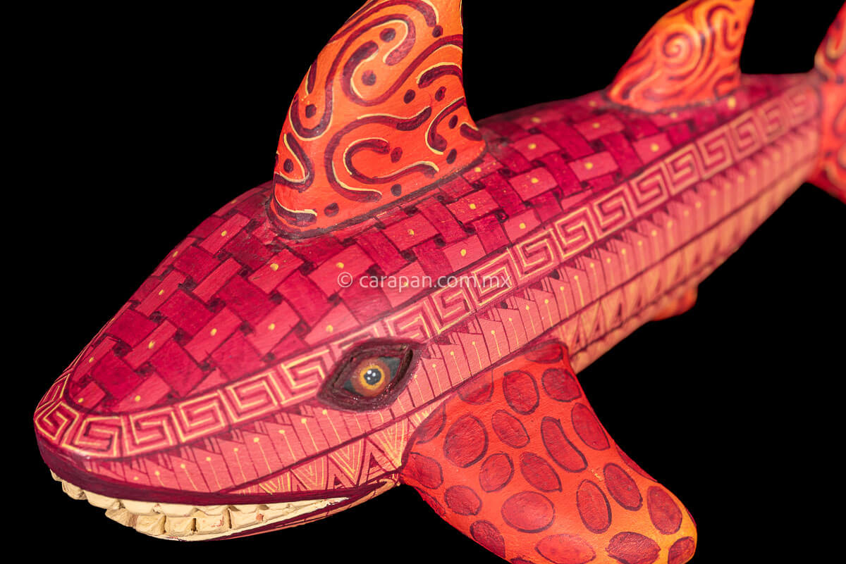 Pink and orange tones Oaxacan Wood Carving Shark Alebrije