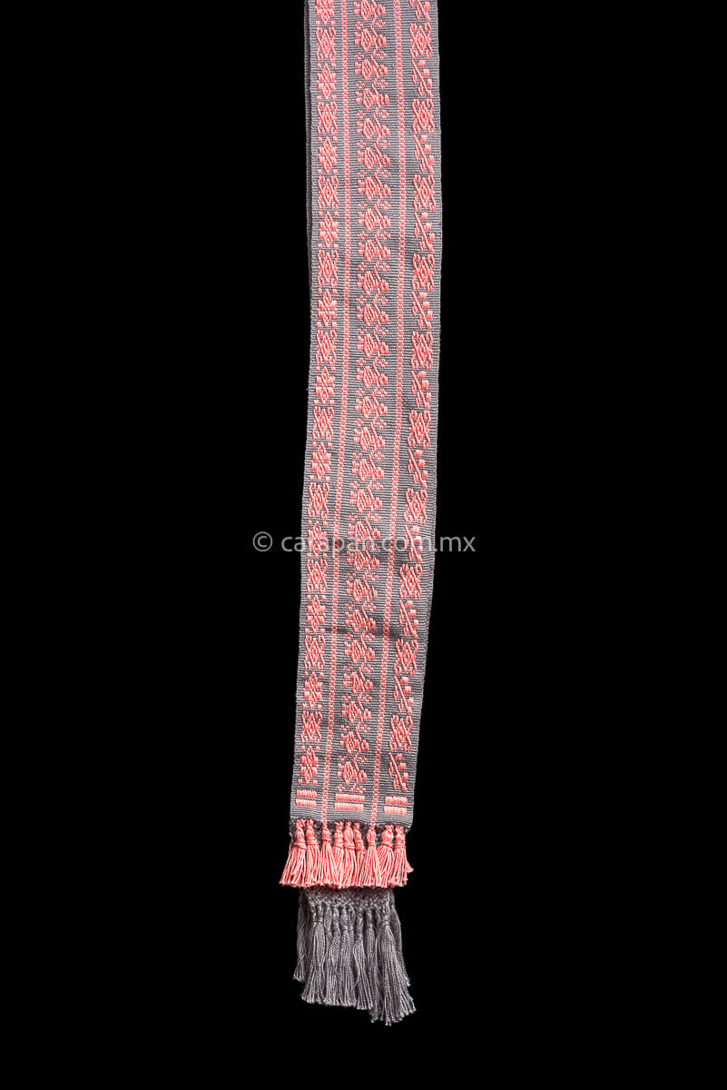 Purepecha Indigenous Textile Belt backstrap loomed in pink over gray with women holding hands