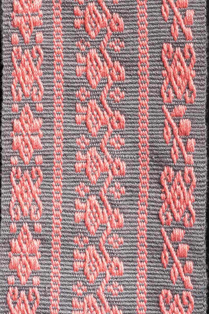 Purepecha Indigenous Textile Belt backstrap loomed in pink over gray with women holding hands