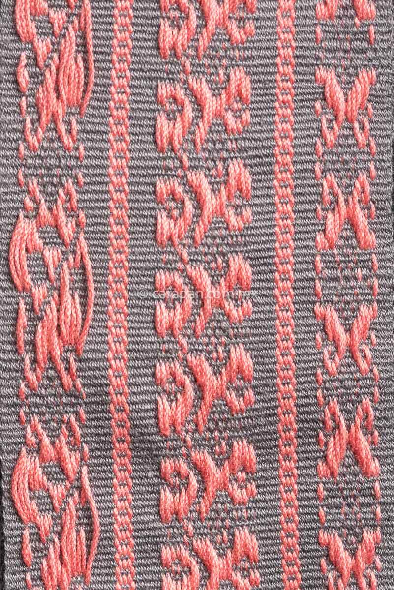 Purepecha Indigenous Textile Belt backstrap loomed in pink over gray with women holding hands