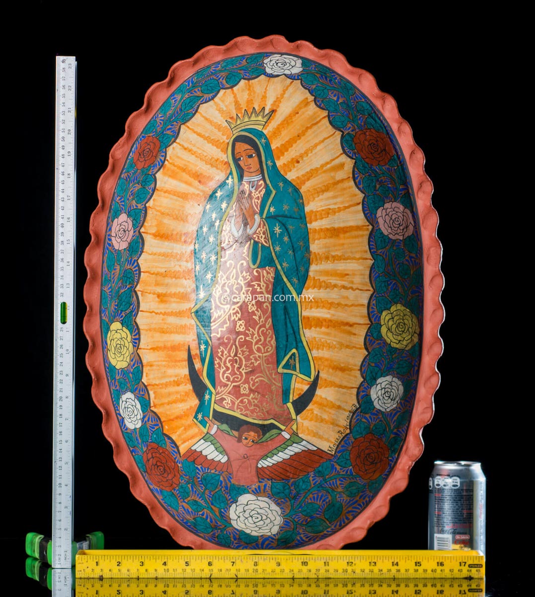 Oval Burnished Clay Medallion with Virgin of Guadalupe surrounded by flowers