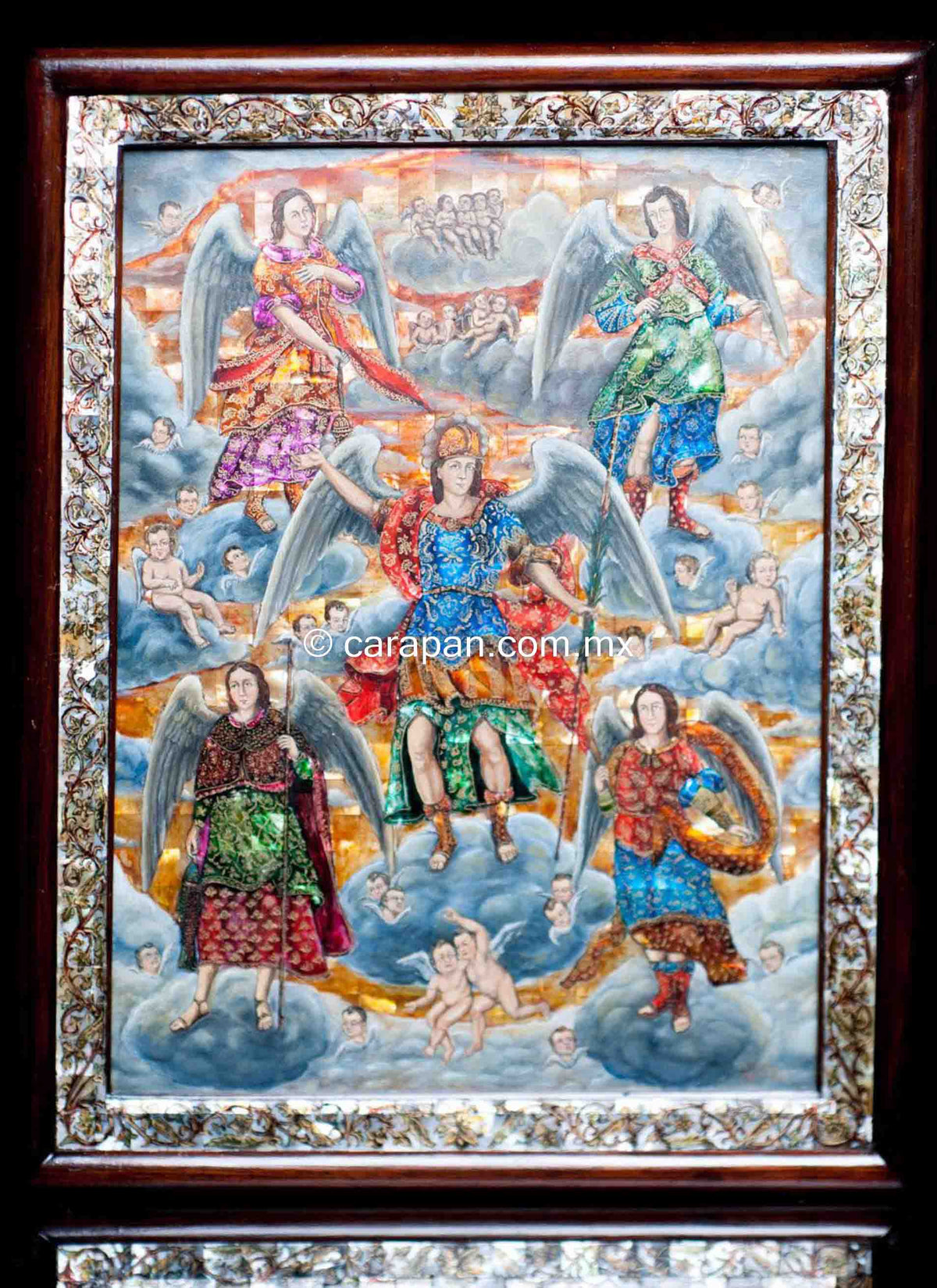 Archangels Painting Monter of Pearl Inlay Nacre Mexican Folk Art