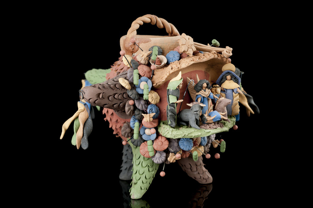 NATIVITY ON A CLAY PIÑATA TREE OF LIFE STYLE POTTERY FROM METEPEC MEXICO