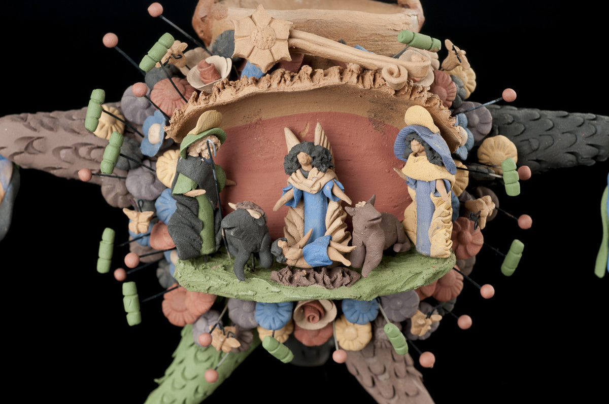 NATIVITY ON A CLAY PIÑATA TREE OF LIFE STYLE POTTERY FROM METEPEC MEXICO