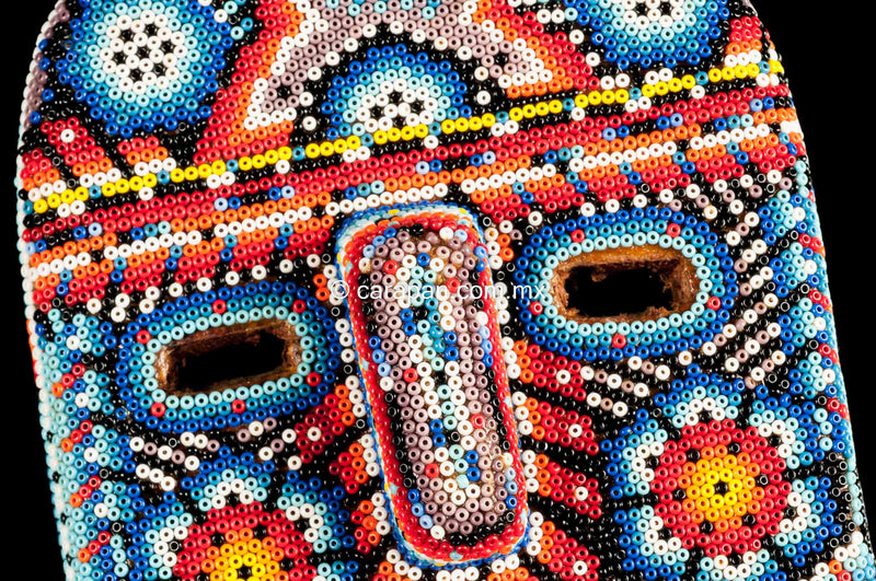 Huichol Beaded Mask with Sacred Symbols Indigenous Mexican Folk Art