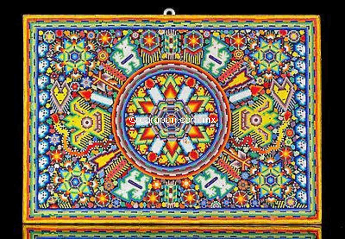 Huichol Folk Art Beaded Painting with Sacred Shamanic Symbols