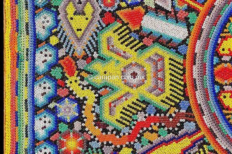 Huichol Folk Art Beaded Painting with Sacred Shamanic Symbols