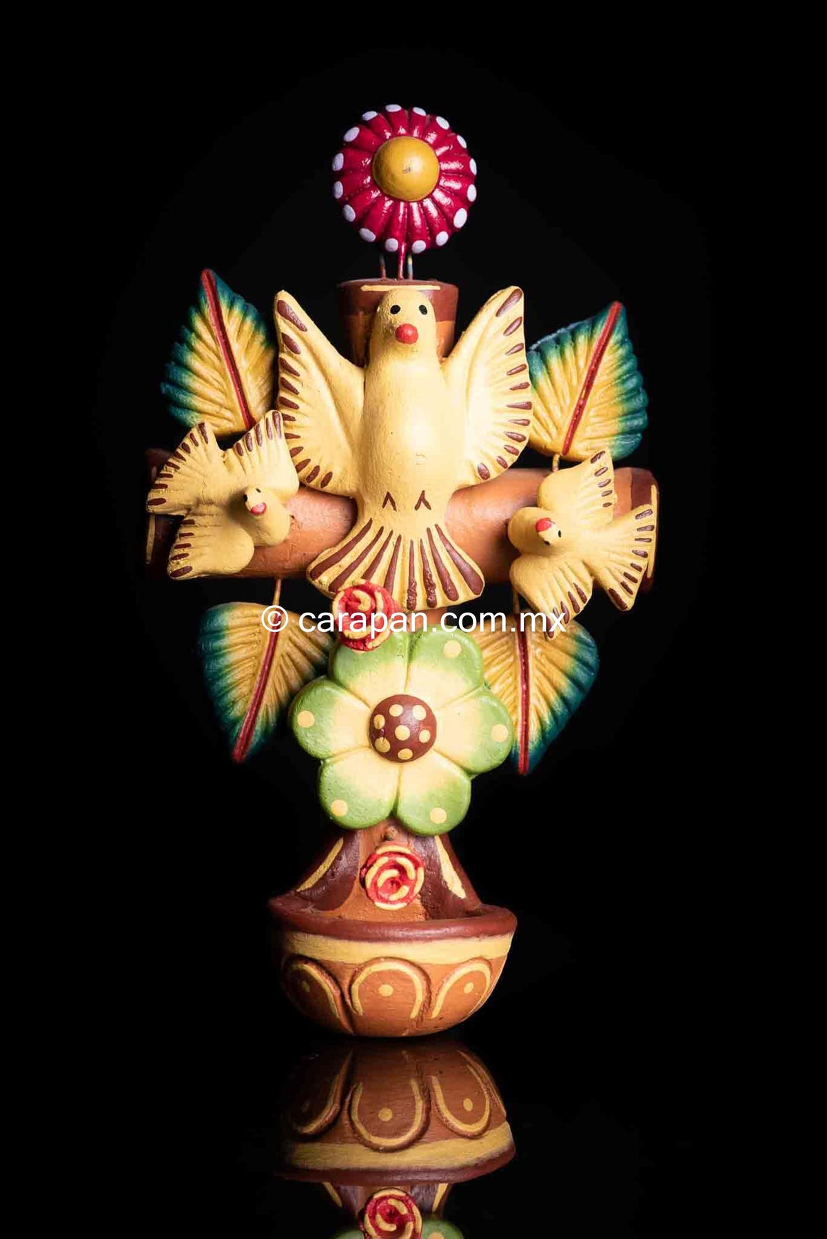 Mexican Clay Cross with doves & Holly Spirit, Water Fountain for Wall Hanging