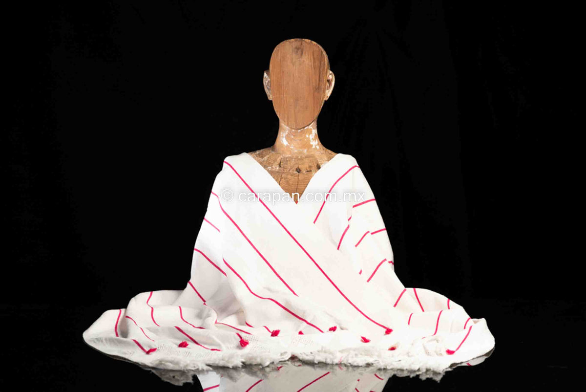 Mexican Rebozo White Shawl w Red Stripes Back Strap Loomed Indigenous Textile