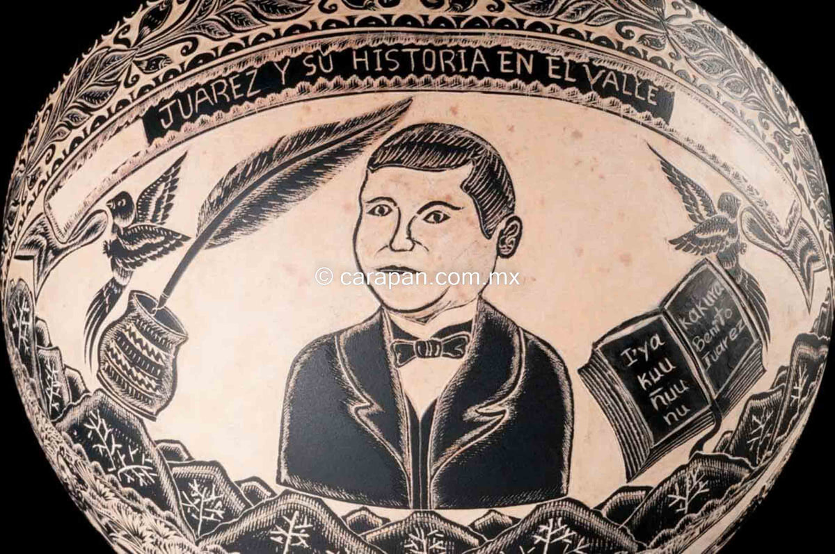 Oaxacan Etched Gourd with Portrait of President Benito Juarez