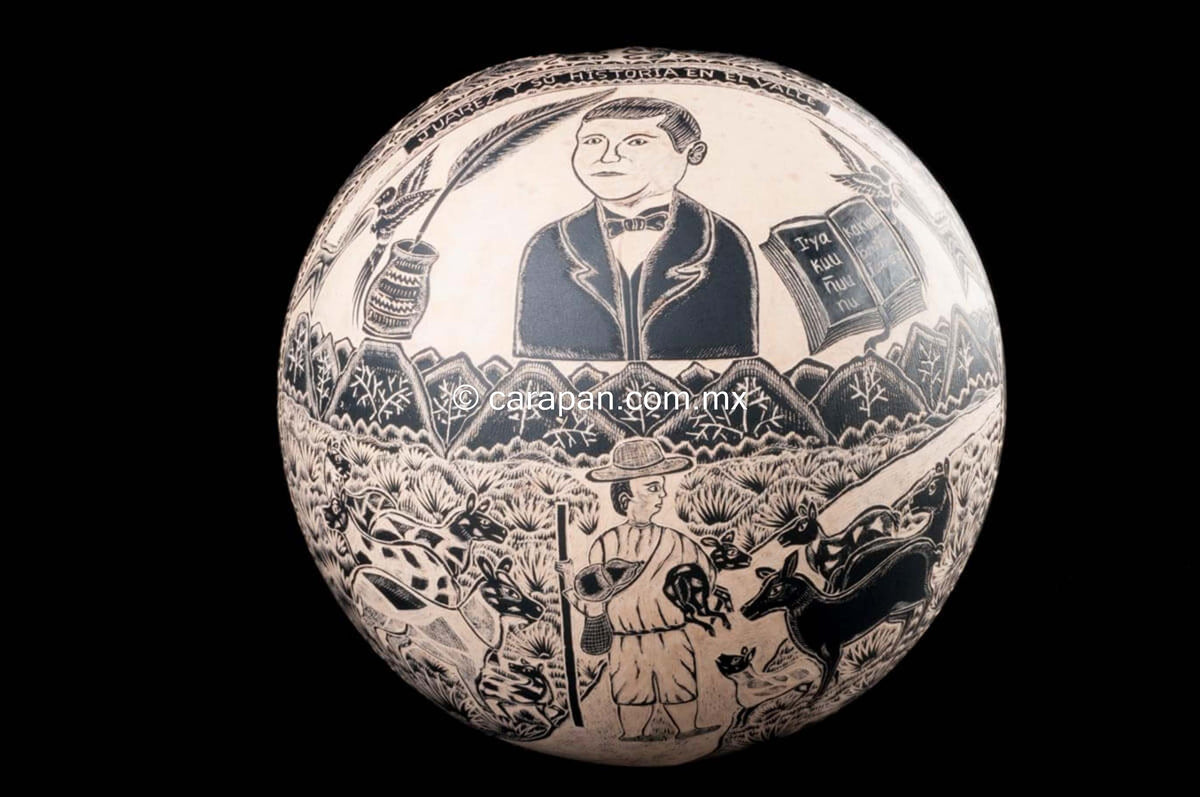 Oaxacan Etched Gourd with Portrait of President Benito Juarez