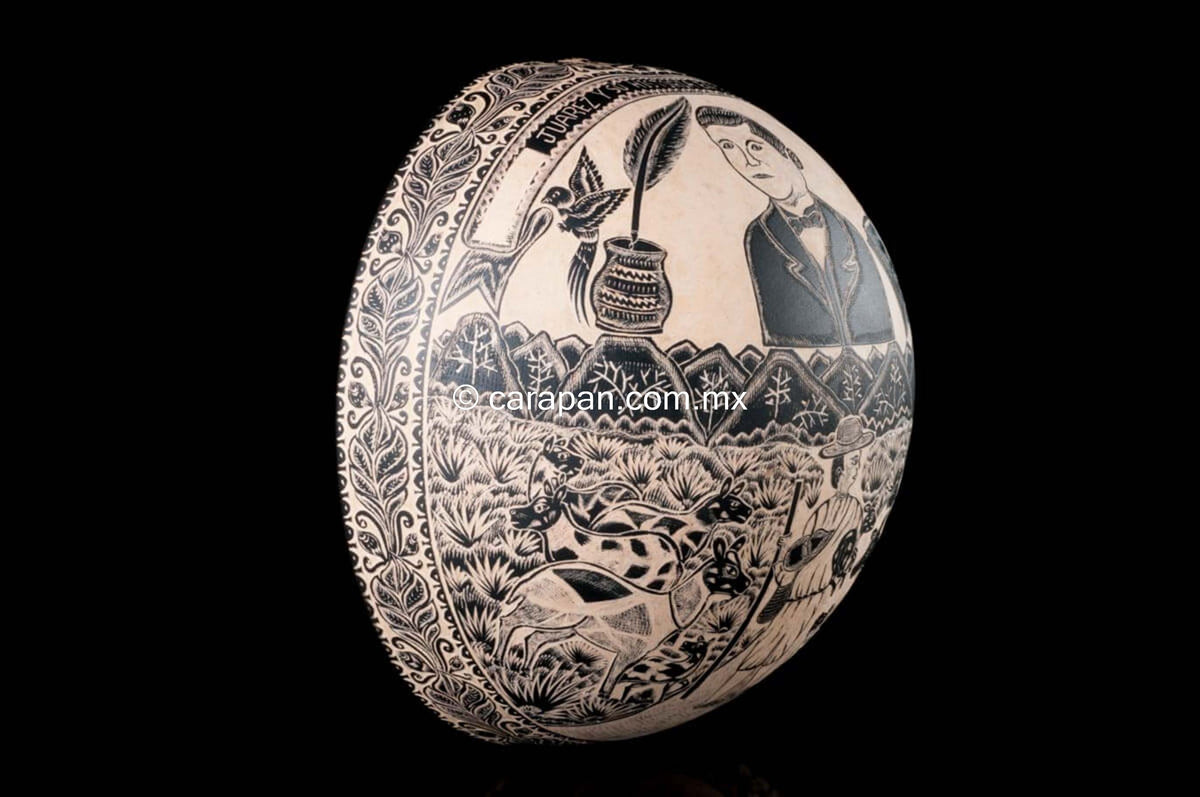 Oaxacan Etched Gourd with Portrait of President Benito Juarez