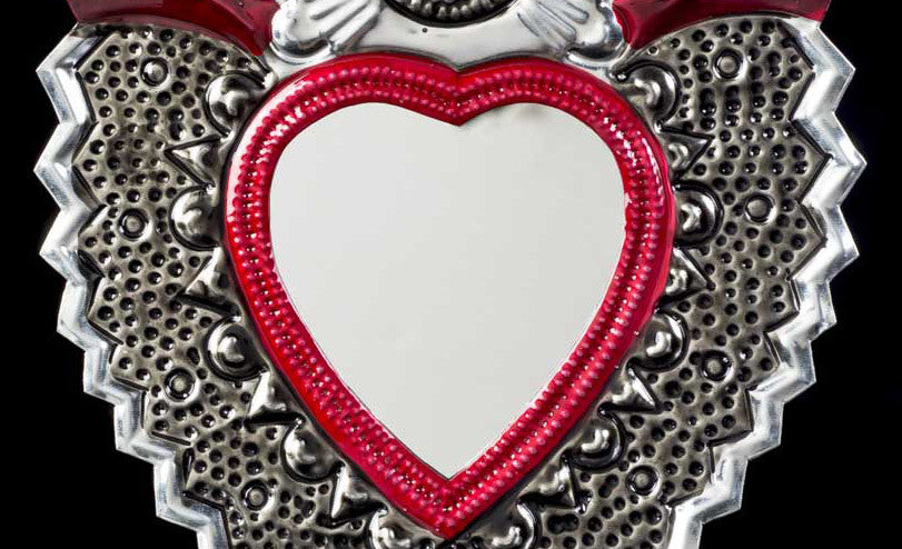Tin Sacred Heart Mirror With Flower Medium Size
