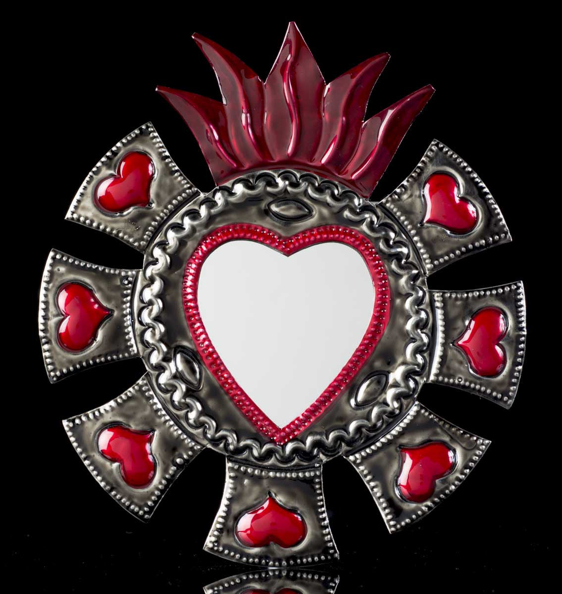 Mexican Tin Mirror Sacred Heart for Wall Hanging Oaxacan Folk Art