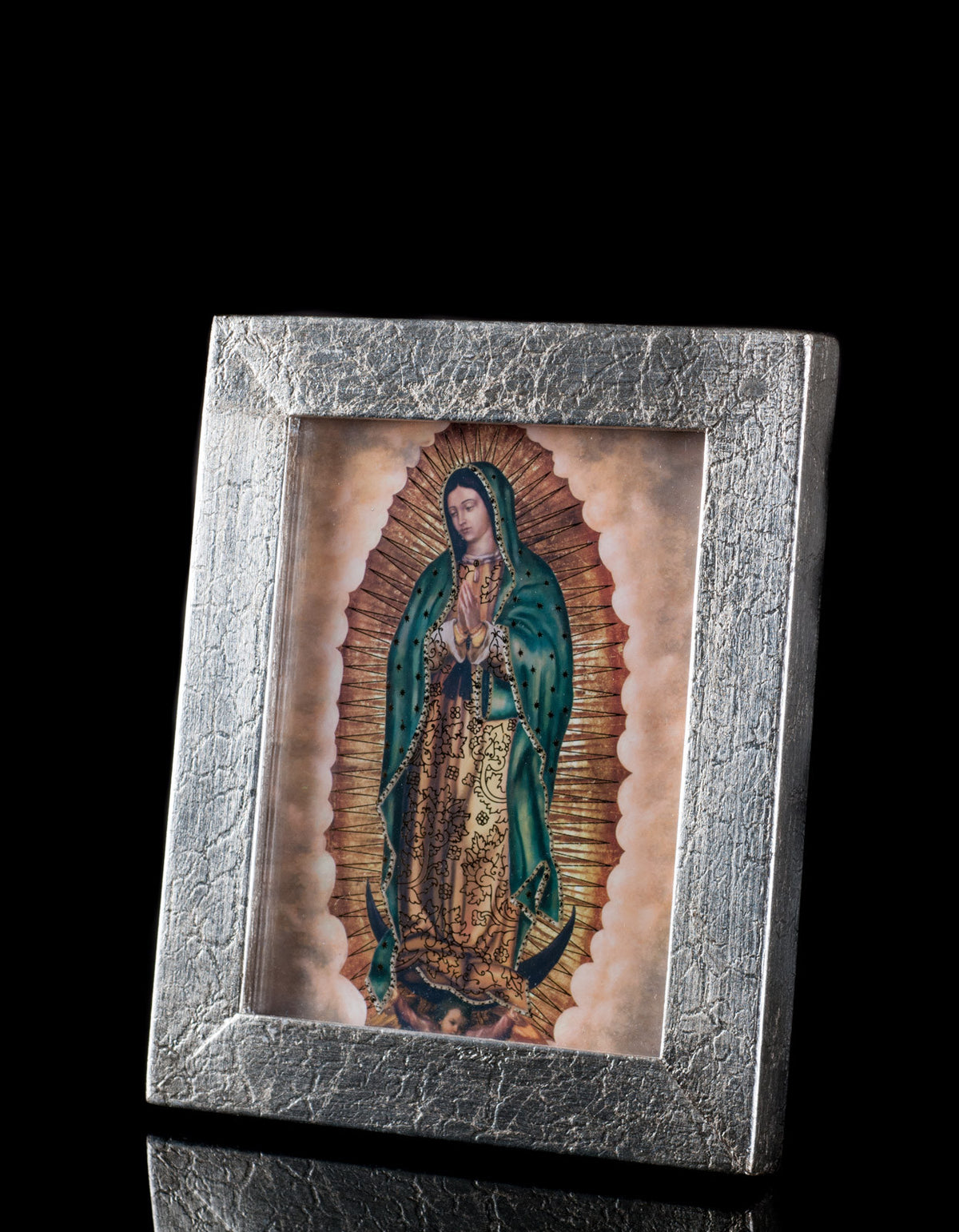 6.2" OUR LADY VIRGIN OF GUADALUPE FULL BODY SILVERED LEAF FRAME