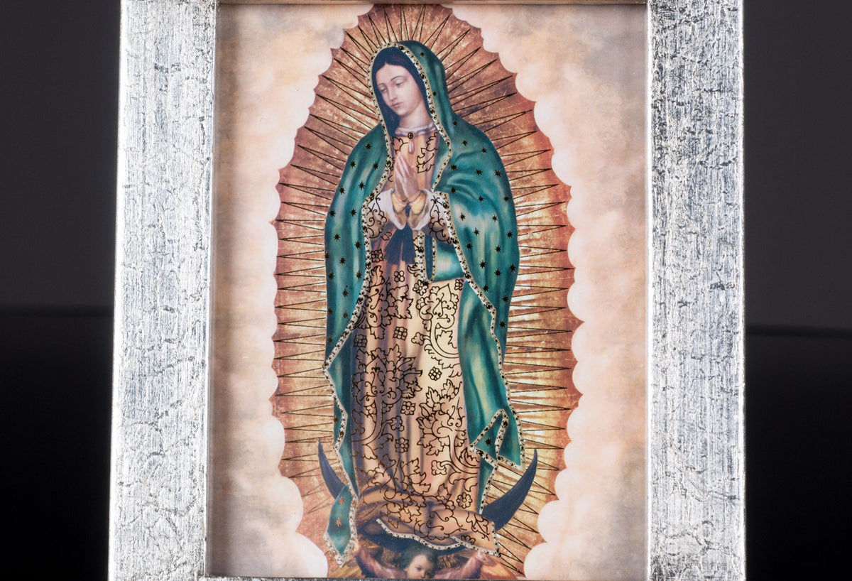 6.2" OUR LADY VIRGIN OF GUADALUPE FULL BODY SILVERED LEAF FRAME