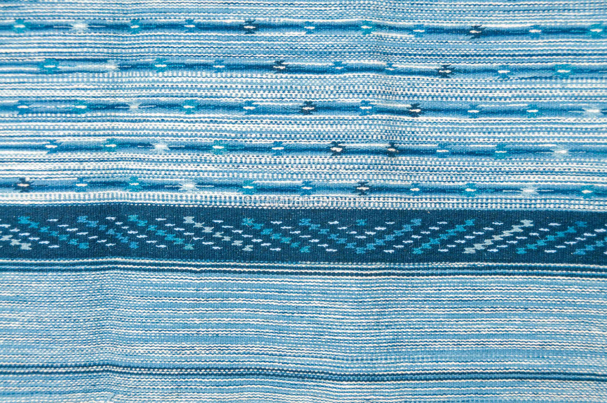 Blue Mexican Sarape made of Wool dyed with Indigo natural pigment decorated with stripes and an oval at the center filled with traditional motifs. Exquisite! 