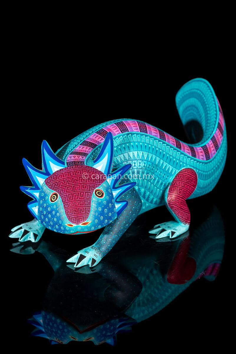 Finely crafted Axolotl Oaxacan Wood Carving exquisitely painted in a predominant turquoise palette with Zapotec symbols & a pink stripe on the spine. Its  forehead and legs are also beautifully decorated with zapotec symbols in deep pink tones