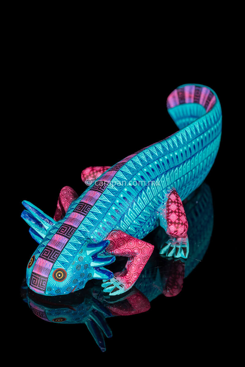 Axolotl Wood Carving from Oaxaca decorated with zapotec symbols in turquoise & a contrast fucsia over the spine and legs 
