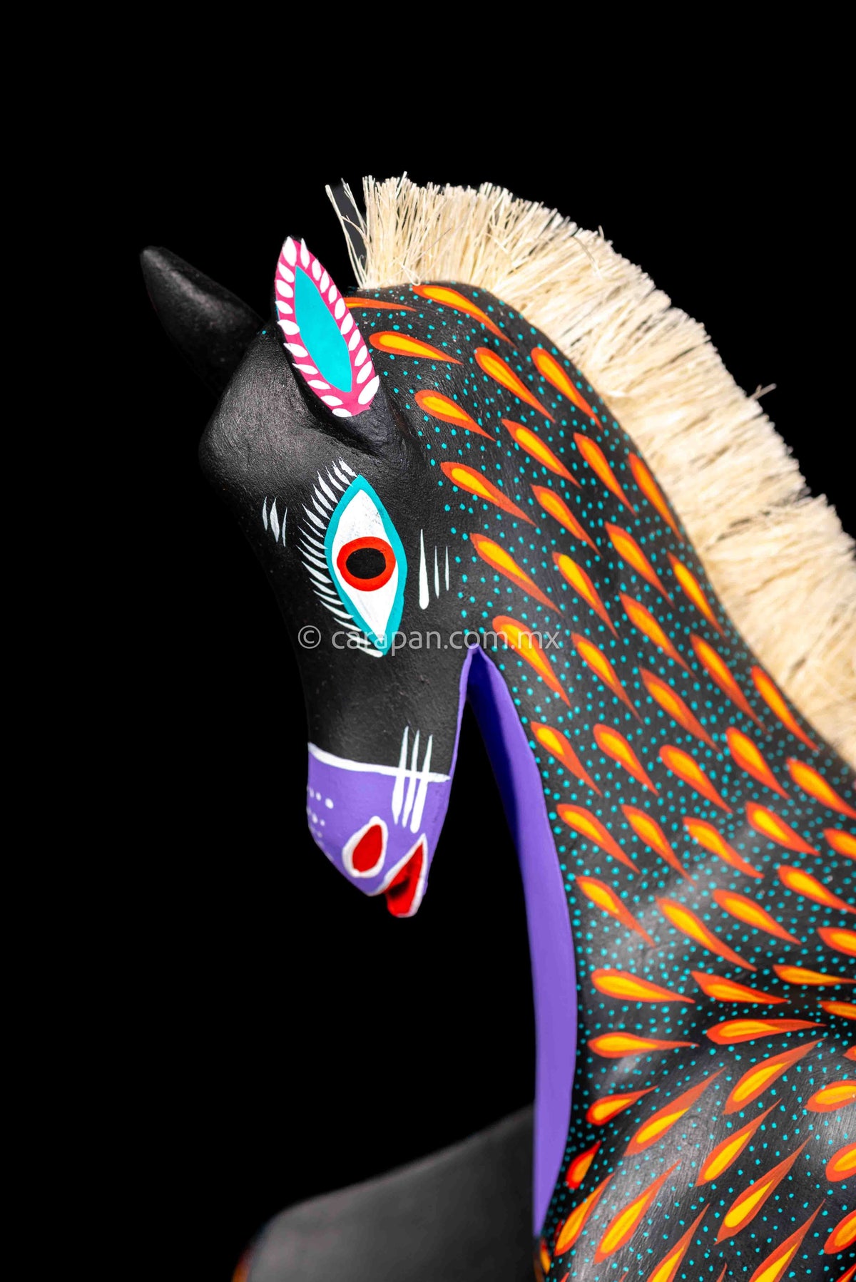 Head of Black Horse Mexican Wood Carving Alebrije hand painted in red with orange strokes