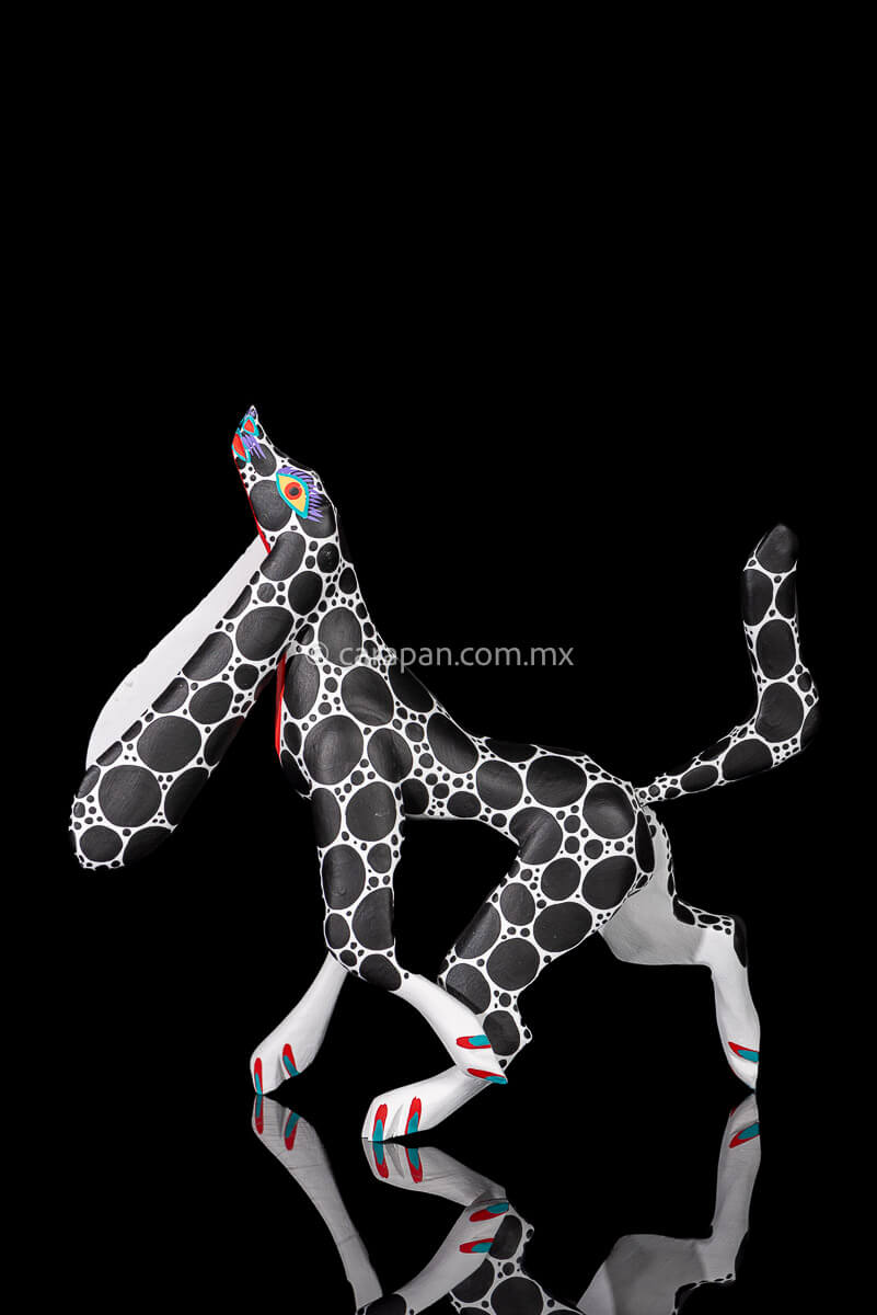 Mexican Wood Carving Alebrije Walking Dog in White with black dots